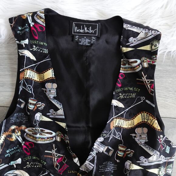 Vintage 90s Nicole Miller Silk Movie Production Actor Actress TV Film Theme Vest - Picture 5 of 16